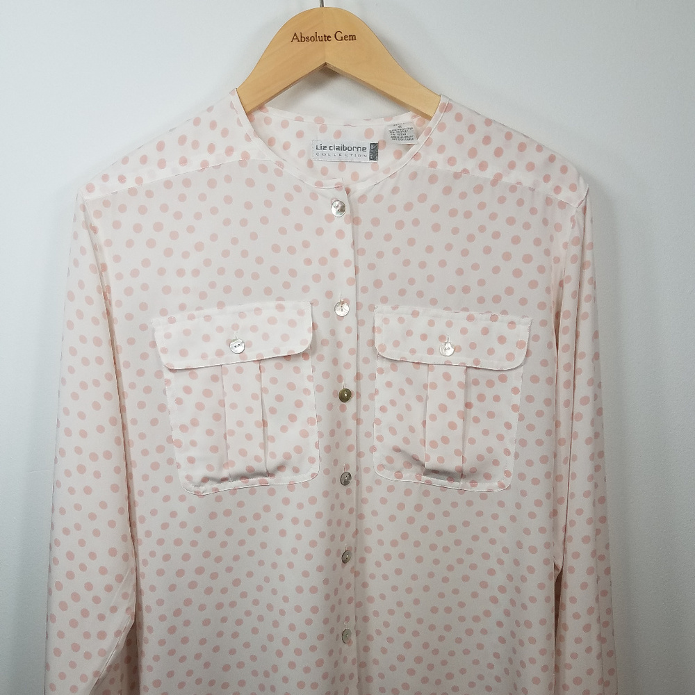 Vintage Liz Claiborne Collection pink white button up Polka Dot Top blouse 6P